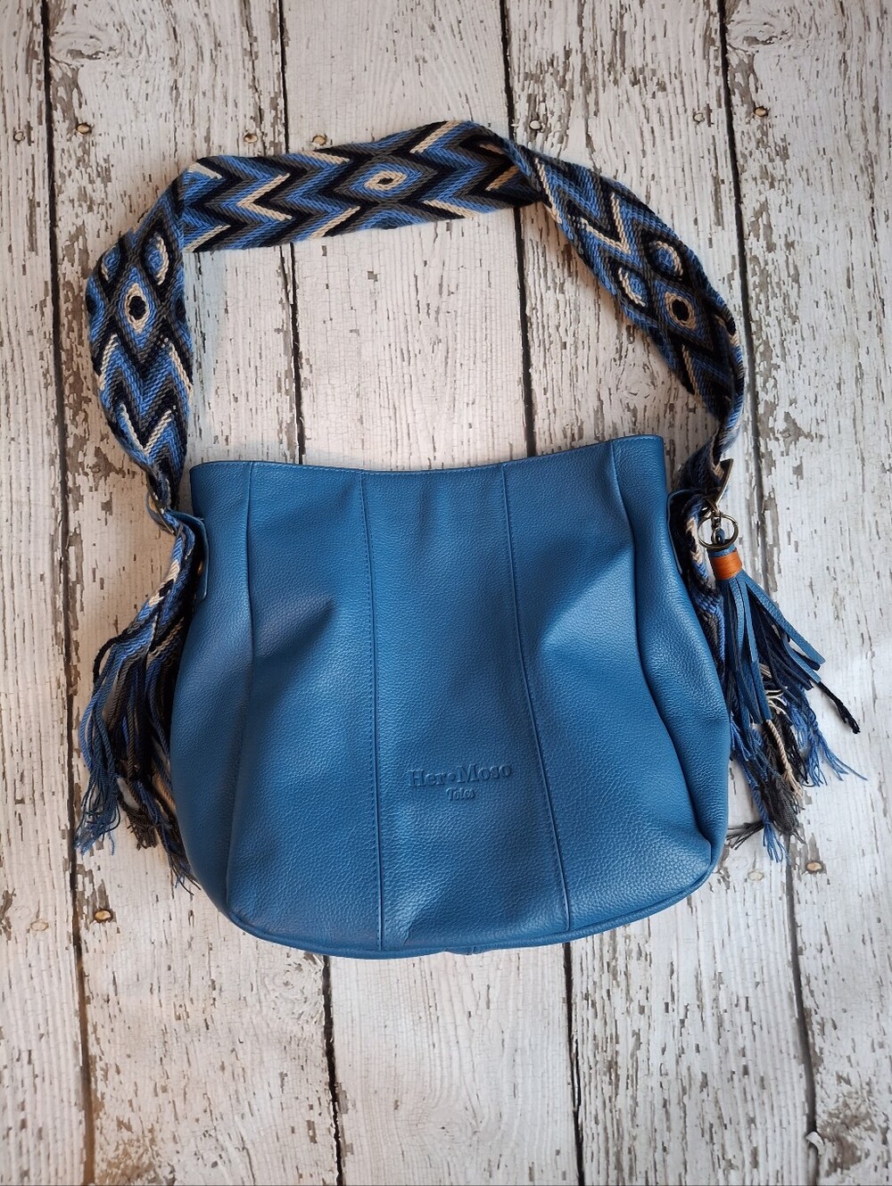 Her Moso Blue Crossbody with Patterned Woven Strap